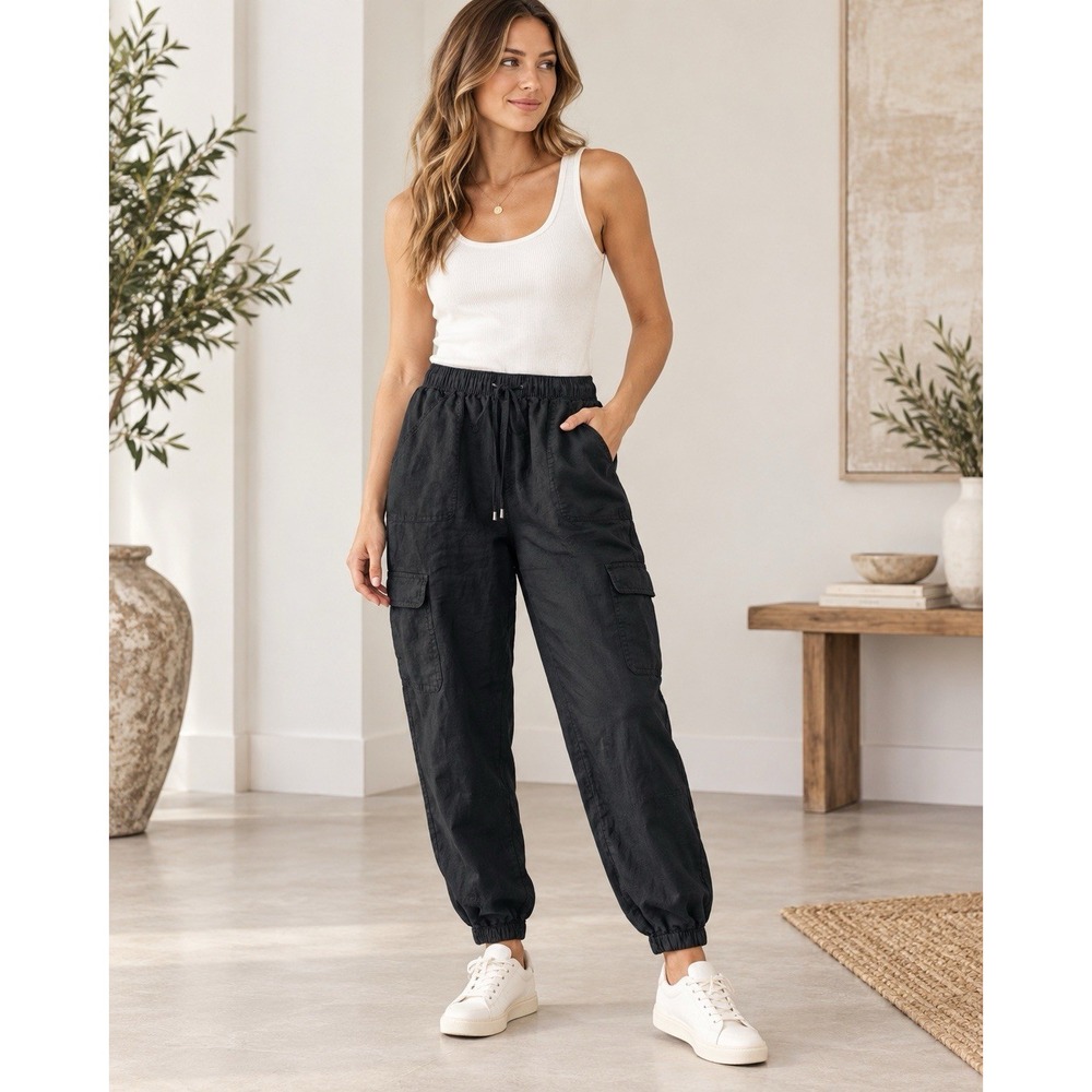 Nicole Miller New York 100% Linen Cargo Joggers SZ M Black Elastic Waist & Tie